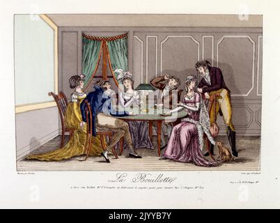 Farbige Illustration von Damen und Herren an einem Tisch, der La Bouillotte spielt und in Paris spielt, Anfang des 19.. Jahrhunderts. Stockfoto