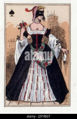 Farbige Darstellung von Spielkarten aus der Louis-Philippe-Ära; Lithographie, die Nanteuil zugeschrieben wird. Stockfoto
