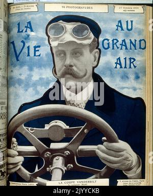 Foto im Lifestyle-Magazin La Vie au Grand Air; ein Mann am Steuer eines Autos; es wirbt für ein Auto namens Coupe Vanderbilt. Vom 27. Oktober 1904. Stockfoto