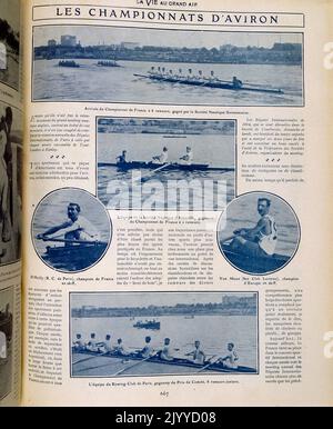 Aus dem Magazin La Vie au Grand Air (Leben im Freien); Schwarz-Weiß-Aufnahme der Rudermeisterschaften bei Aviron. Stockfoto