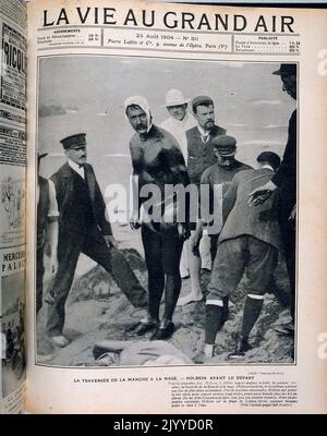 Aus der Zeitschrift La Vie au Grand Air (Life in the Outdoors); Schwarz-Weiß-Foto auf dem Deckblatt der Kanalschwimmer vom 25. August 1904. Schwimmer kurz vor der Überquerung des Kanals. Der Schwimmer Holbein musste seinen Versuch nach dem Schwimmen 20 Meilen, das waren 4/5 der Strecke, stoppen. Er wollte es zum sechsten Mal versuchen. Dieses Foto wurde am Strand von Lyden-Spout aufgenommen. Stockfoto