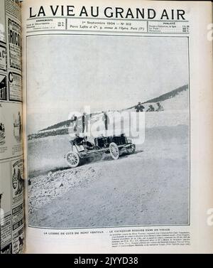 Aus der Zeitschrift La Vie au Grand Air (Life in the Outdoors); Schwarz-Weiß-Foto auf dem Titelblatt des Autorennens auf dem Berg Ventoux vom 1. September 1904. Stockfoto