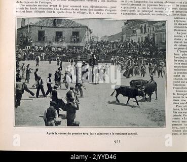 Aus dem Magazin La Vie au Grand Air (Leben im Freien); Schwarz-Weiß-Foto der Bullenjagd. Stockfoto