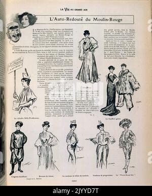 Aus dem Magazin La Vie au Grand Air (Life in the Outdoors); Schwarz-Weiß-Illustrationen von Frauen mit der neuesten Mode im Moulin-Rouge. Stockfoto