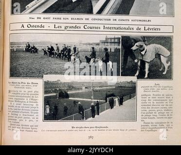 Aus der Zeitschrift La Vie au Grand Air (Leben im Freien); Schwarz-Weiß-Aufnahmen von Hunderennen in Oostende. Stockfoto