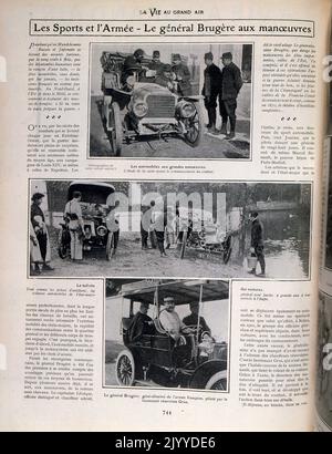 Foto im Inneren des Lifestyle-Magazins La Vie au Grand Air; General Joseph Brugere in seinem Auto. Stockfoto