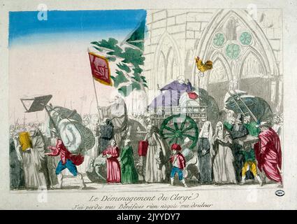 Farbige Illustration, die die Evakuierung des Klerus zu Beginn der Französischen Revolution darstellt. Stockfoto