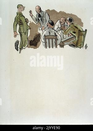 Farbige Illustration, die Soldaten zeigt, die mit Offizieren der medizinischen Armee sprechen. Stockfoto