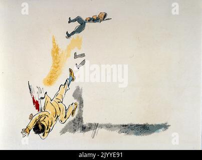 Farbige Illustration, die einen Mann zeigt, der tot liegt und vorbeigeht. Stockfoto
