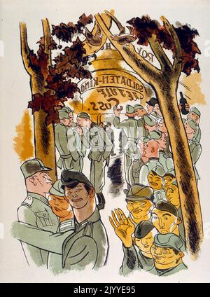 Farbige Illustration mit Soldaten, die sich auf einer Party mit vietnamesischen und französischen Soldaten versammelten. Stockfoto