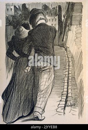 Holzkohle Illustration der Rückansicht eines Mannes und einer Frau, die die Straße entlang gehen. Illustriert von Theophile Steinlen (1859-1923), französisch-schweizerischer Jugendstilmaler und Grafiker. Stockfoto