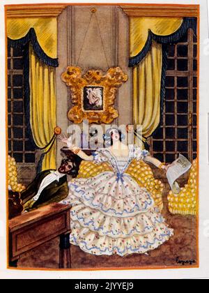 Farbige Illustration, die eine innere häusliche Szene zeigt, in der eine Enkelin und ein Mann in ihrem Wohnzimmer singen und Klavier spielen. Stockfoto