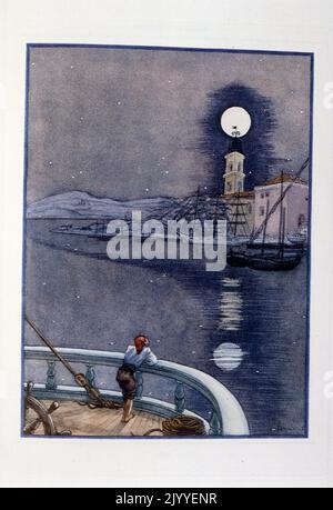 Abbildung eines Matrosen, der in der Ferne über das Deck eines Schiffes auf den Vollmond blickt. Von Georges Lepape (1887-1971), französischer Plakatkünstler, Illustrator und Modedesigner. Stockfoto