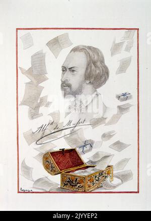 Porträt von Alfred de Musset (1810-1857) mit geöffneter Schatzkiste und allen seinen Papieren. Von Georges Lepape (1887-1971), französischer Plakatkünstler, Illustrator und Modedesigner. Stockfoto