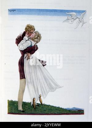 Illustration, die zwei junge Liebhaber zeigt, die sich leidenschaftlich im Gras im Stehen küssen. Von Georges Lepape (1887-1971), französischer Plakatkünstler, Illustrator und Modedesigner. Stockfoto