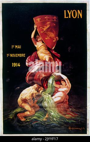 Patriotisch gefärbtes Plakat für die Weltausstellung von Lyon. Die deutschen und österreichischen Ausstellungen schlossen Anfang 2. August 1914 wegen des Ersten Weltkriegs. Stockfoto