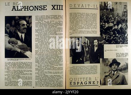 Schwarz-Weiß-Fotografie des spanischen Königs Alfonso XIII. (1886-1931), dessen Herrschaft nach den Kommunalwahlen vom 14. April 1931 endete, was zur Erklärung der Zweiten Spanischen Republik (1931-1939) führte. Stockfoto