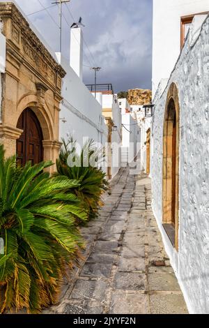 Schmale Straße in Lindos Stadt auf Rhodos Insel, Dodekanes, Griechenland. Schöne malerische Lindos alte alte weiße Häuser mit Blumen. Berühmte touristische Desti Stockfoto