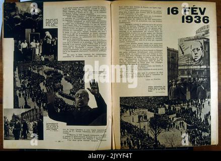 Schwarz-Weiß-Fotografien vom Sturm auf den Königspalast. Darunter auch ein riesiges Plakat von Jose Maria Gil-Robles y Quinones. Stockfoto