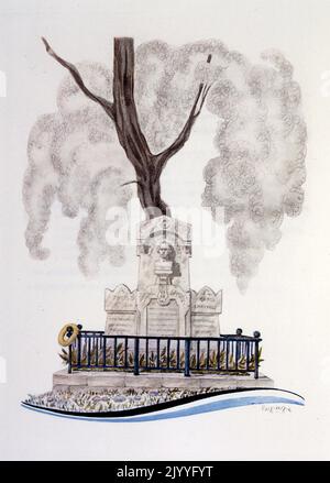 Farbige Illustration aus 'oeuvres posthumes' von Alfred de Musset mit Grabsteinen um einen Baum. Illustriert von Georges Lepape. Stockfoto