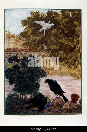 Farbige Illustration aus 'oeuvres posthumes' von Alfred de Musset, die Vögel vor einer urbanen Landschaft zeigt. Illustriert von Georges Lepape. Stockfoto