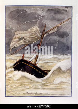 Farbige Illustration aus 'oeuvres posthumes' von Alfred de Musset, die einen Mann zeigt, der sich an seinem Mast festhält, während sein Boot im Meer herumgeschleudert wird. Illustriert von Georges Lepape. Stockfoto