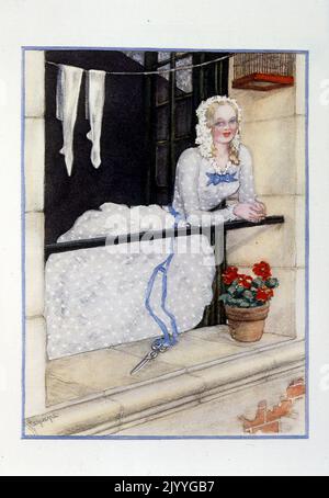 Farbige Illustration aus 'oeuvres posthumes' von Alfred de Musset mit einer jungen Frau, die aus ihrem Fenster schaut. Illustriert von Georges Lepape. Stockfoto