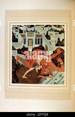 Farbige Illustration des Theseus Wrestlings mit dem minotaurus. Illustriert von Edmund Dulac (1882-1953), einem französisch-britischen eingebürgerten Magazin und Buchillustrator. Stockfoto