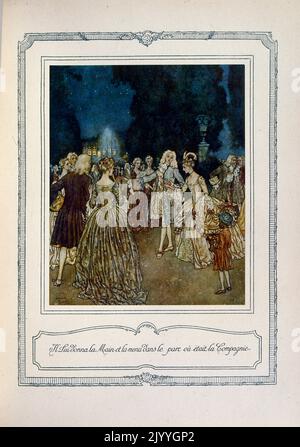 Farbige Illustration mit Cinderella am Ball. Illustriert von Edmund Dulac (1882-1953), einem französisch-britischen eingebürgerten Magazin und Buchillustrator. Stockfoto