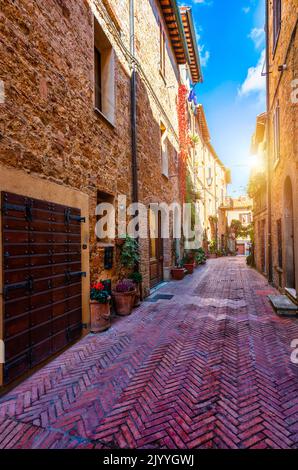 Gemütliche Straße mit bunten Blumen geschmückt, Pienza, Toskana, Italien, Europa. Schmale Straße in der charmanten Stadt Pienza in der Toskana. Wunderschöne Straße Stockfoto