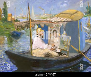 Monet Painting in his Studio Boat, Edouard Manet, 1874, Neue Pinakothek, München, Deutschland, Europa Stockfoto