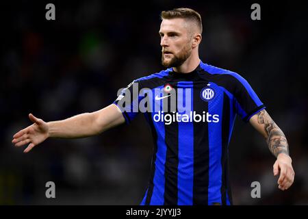 Mailand, Italien. 07. September 2022. Milan Skriniar vom FC Internazionale zeigt sich während des UEFA Champions League Fußballspiels zwischen dem FC Internazionale und dem FC Bayern München. Kredit: Nicolò Campo/Alamy Live Nachrichten Stockfoto