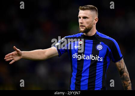 Mailand, Italien. 07. September 2022. Milan Skriniar vom FC Internazionale zeigt sich während des UEFA Champions League Fußballspiels zwischen dem FC Internazionale und dem FC Bayern München. Kredit: Nicolò Campo/Alamy Live Nachrichten Stockfoto