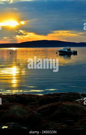 Ein Sonnenaufgang am frühen Morgen auf dem Stewart-Kanal zwischen den Golf- und Vancouver-Inseln in British Columbia, Kanada. Stockfoto