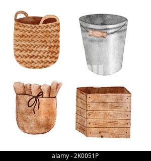 Aquarell handgezeichnete Illustration von beigen bwon natürlichen Behälterkörben und grauem Metalleimer. Stil skandinavische nordische Öko Interrior Design gemütliche Objekte, Holz Komfort Dekor Elemente, Haus moderne Möbel Stockfoto