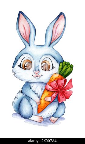 Aquarell-Illustration eines blauen Hasen mit einer Karotte. Feiertag, Feier, Neujahr. Ideal für T-Shirts, Karten und Drucke. Isoliert auf weißem Hintergrund Stockfoto