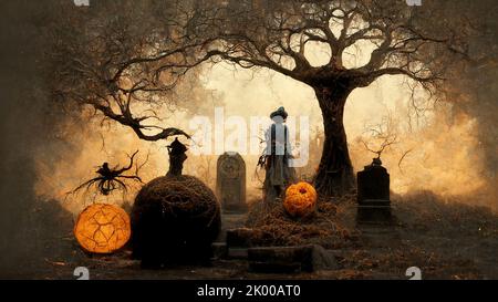 Halloween Hintergrund. Gruseliger Waldkürbis auf dem Friedhof. Stockfoto