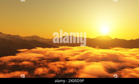 Panoramablick auf Berge Gipfel mit Schnee auf der Spitze, Hügel mit Wolken und Nebel, während des Sonnenuntergangs. Nebel und Wolken im Tal, magische Farben. Konz Stockfoto