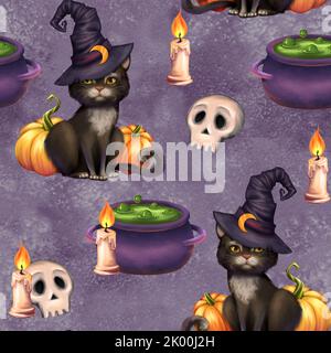 Halloween Nahtloses Muster mit Kürbissen, Katzen, Totenköpfen und Kerzen Stockfoto