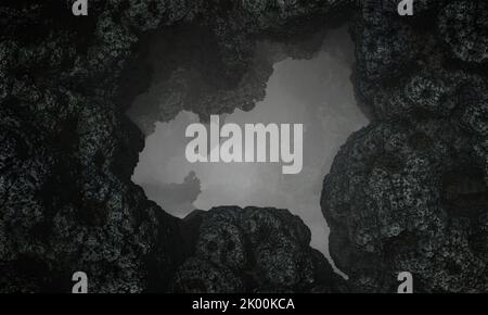 Fantastischer Eingang zur Höhle im Nebel. 3D Abbildung Stockfoto