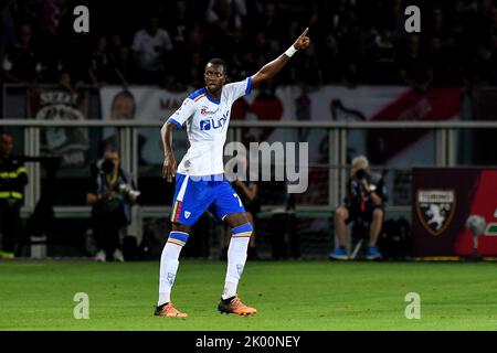 Assan Ceesay von US Lecce Gesten während der Serie A 2022/23 Spiel zwischen Turin FC und US Lecce im Stadio Olimpico Grande Torino am 05. September 2022 in Turin, Italien Stockfoto