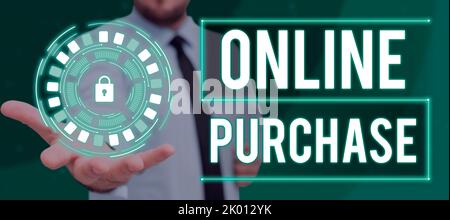 Hand schreiben Zeichen Online-KaufKauf elektronischen Handel Waren aus über das Internet. Konzeptfoto kauft elektronische Handelswaren von Stockfoto