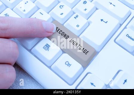 Textschild mit dem zweiten Mortgagelien auf einem Grundstück, das einem höherrangigen unterstellt ist. Internet-Konzept Pfandrecht auf Eigentum, das untergeordnet ist Stockfoto