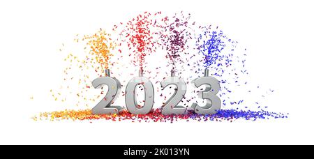 2023 Feier mit Konfetti - 3D Rendering Text auf weißem Hintergrund Stockfoto