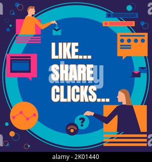 Textzeichen mit „Gefällt mir“-Teilen von Klicks. Unternehmensübersicht Content Marketing zur Steigerung der emotionalen Bindung Social Media Lady in Suit hält den Stift als Symbol Stockfoto