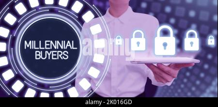 Schreiben Anzeige Text Millennial BuyersTyp der Verbraucher, die an Trending-Produkten interessiert sind. Wort für die Art der Verbraucher, die interessiert sind Stockfoto