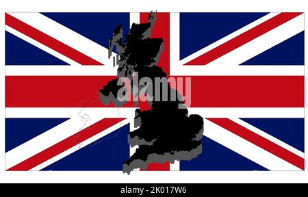 Queen Elizabeth II: union Jack-Flagge und schwarze Silhouette des Vereinigten Königreichs in 3D Grafiken. Stockfoto