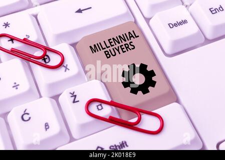 Handschrift Text Millennial BuyersTyp der Verbraucher, die an trendigen Produkten interessiert sind. Wort geschrieben über die Art der Verbraucher, die interessiert sind Stockfoto