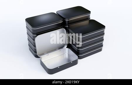 3D Rendering von quadratisch geformten aufklappbaren Zinn-Box auf weißem Hintergrund. Stockfoto