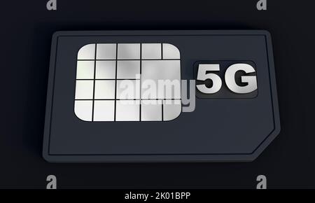 3D Rendering von 5G sim-Karte isoliert auf dunklem Hintergrund. Stockfoto